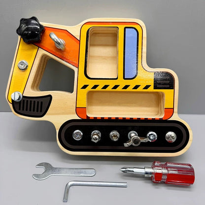 Excavadora con tornillos y herramientas